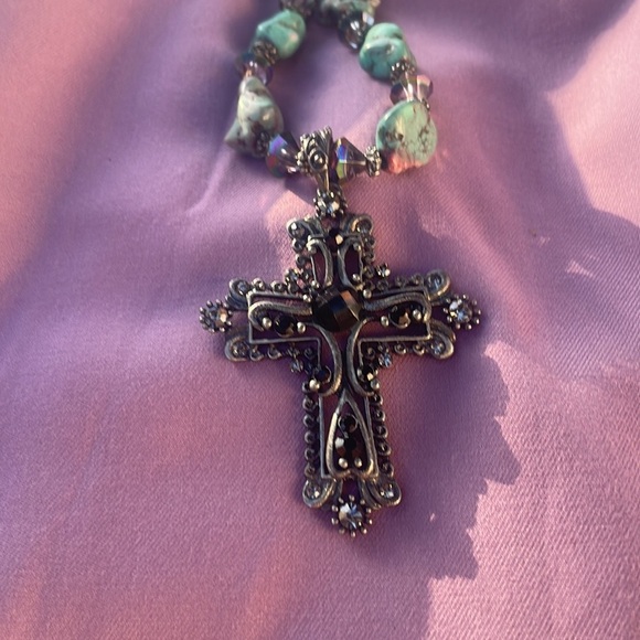 SILVER TONE cross choker necklace shimmering black clear turquoise beads - Picture 4 of 10